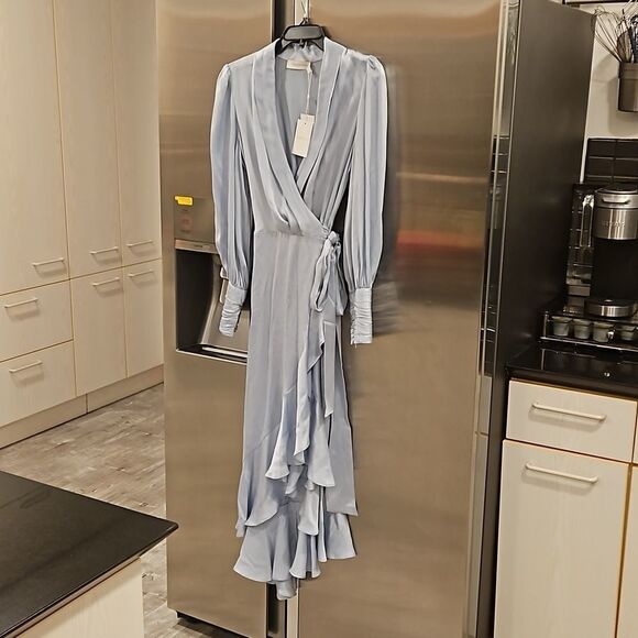 💕ZIMMERMANN💕 Silk Wrap Midi Dress ~ Ice Blue US 6 NWT - Picture 12 of 16